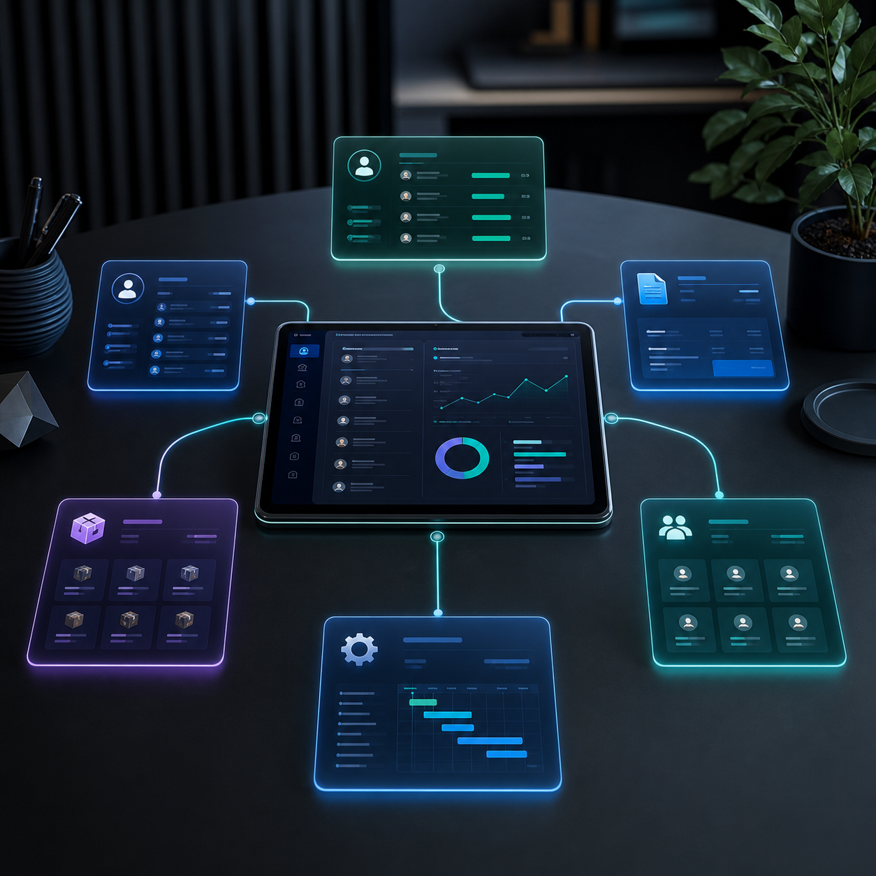 Custom cloud application workflow dashboard with connected business modules